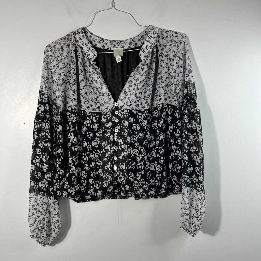 Womens Joie Floral Button Top Lined Crinkled Polyester L White Black Long Sleeve